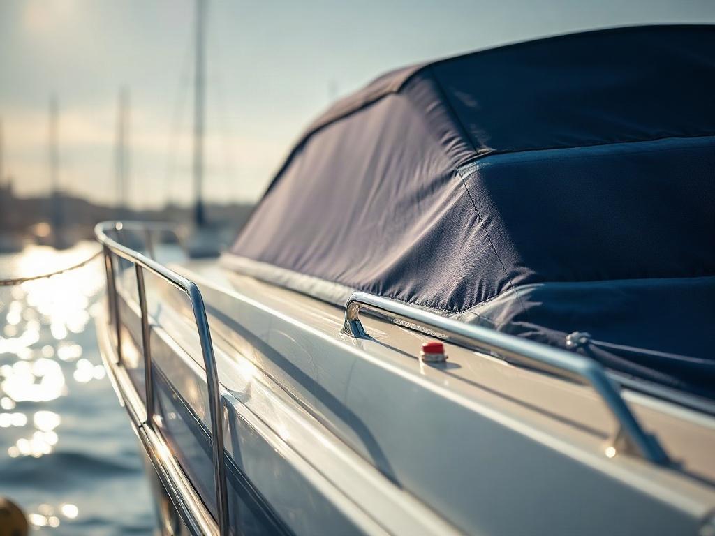 A close-up shot of a custom-made boat cover fitted perfectly over a yacht, showcasing the high-quality marine-grade fabric. The image should have a simple and clear composition, with the yacht in a serene marina setting, sunlight glinting off the water. The background should be blurred to emphasize the detailed texture and craftsmanship of the cover, captured with a 45mm f/1.2 lens.