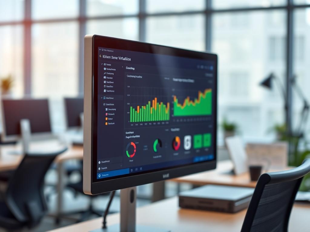 An advanced server virtualization software interface displayed on a computer screen in a modern office setting. The image should focus on the screen showcasing the software dashboard, with a blurred background of office elements like a desk and chair. The color palette should be vibrant, emphasizing the technological aspect of the software.