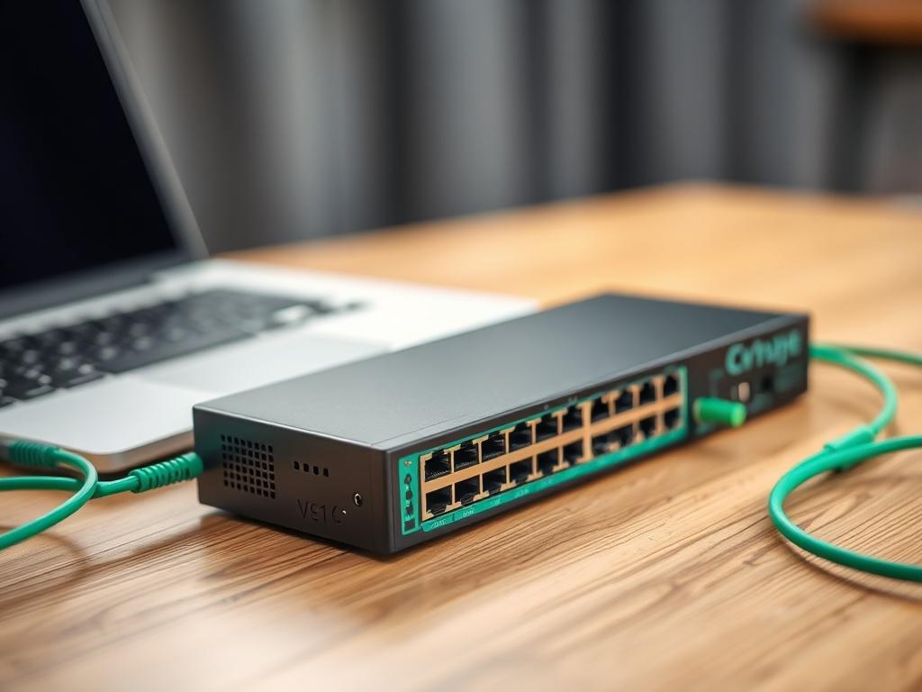 A high-performance network switch displayed on a wooden desk, surrounded by Ethernet cables and a laptop. The image should focus closely on the switch, capturing its sleek design and multiple ports, while the background remains softly blurred. The color scheme should complement the primary green color, emphasizing technology and professionalism.