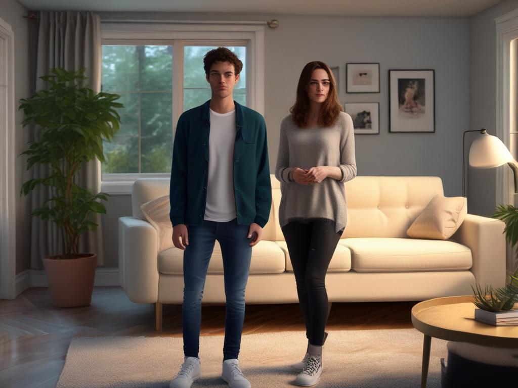 **Prompt for AI Image Generation:**

Create a realistic high-resolution photo of a young adult standing in a cozy living room, immersed in a moment of amused surprise. The subject should be a woman in her late 20s with shoulder-length wavy brown hair, wearing casual, colorful clothing that reflects a fun and relaxed vibe. She holds a quirky, oversized cup of coffee, laughing as she stares at a humorous, unexpected mess in front of her.

In the background, the living room should feature warm, inviting colors