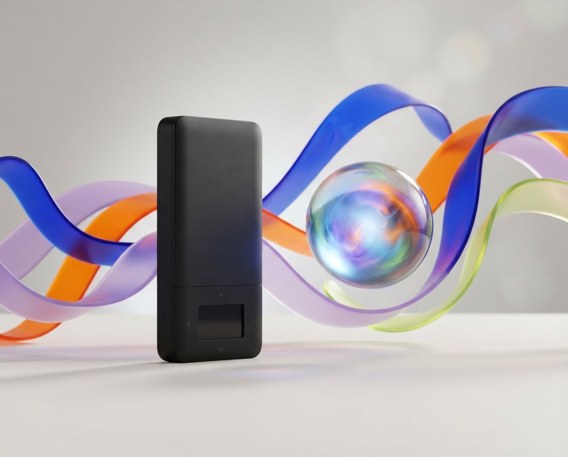 Trezor-style hardware wallet with colorful abstract shapes