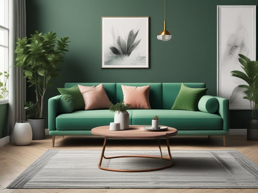 A photorealistic image showcasing a stylish living room filled with