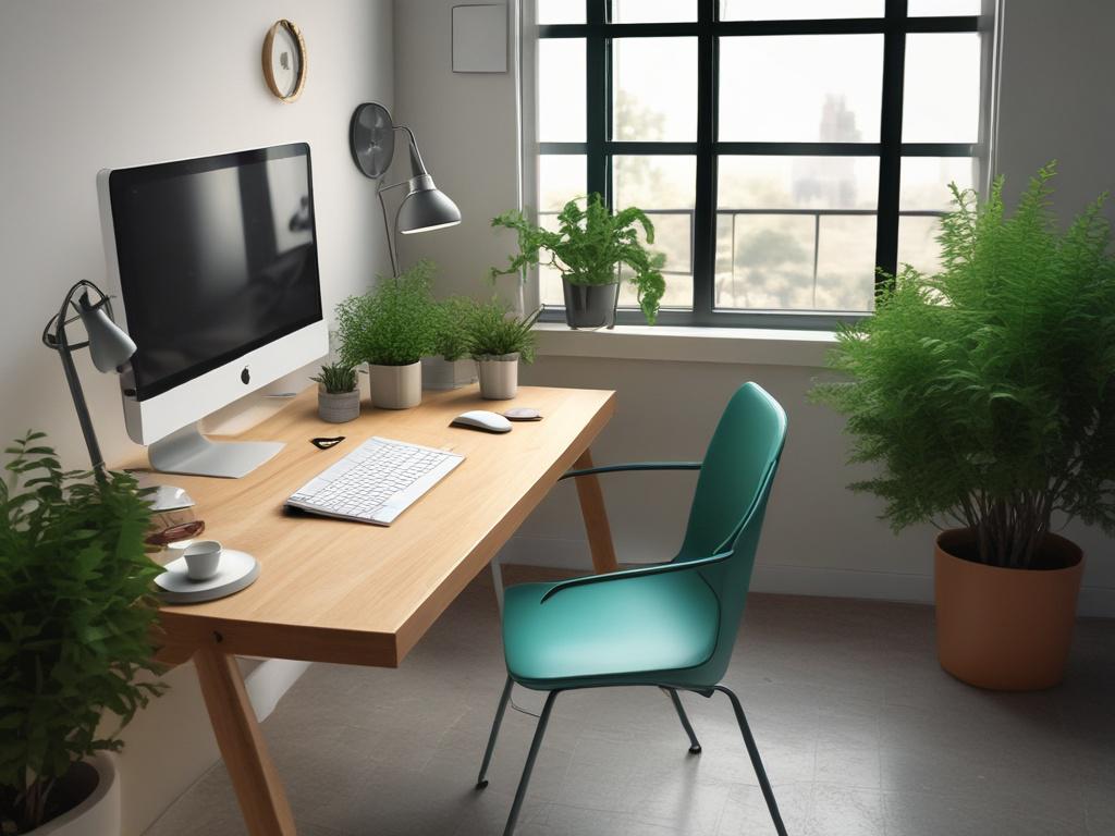 A photorealistic image of a creative workspace featuring a vibrant