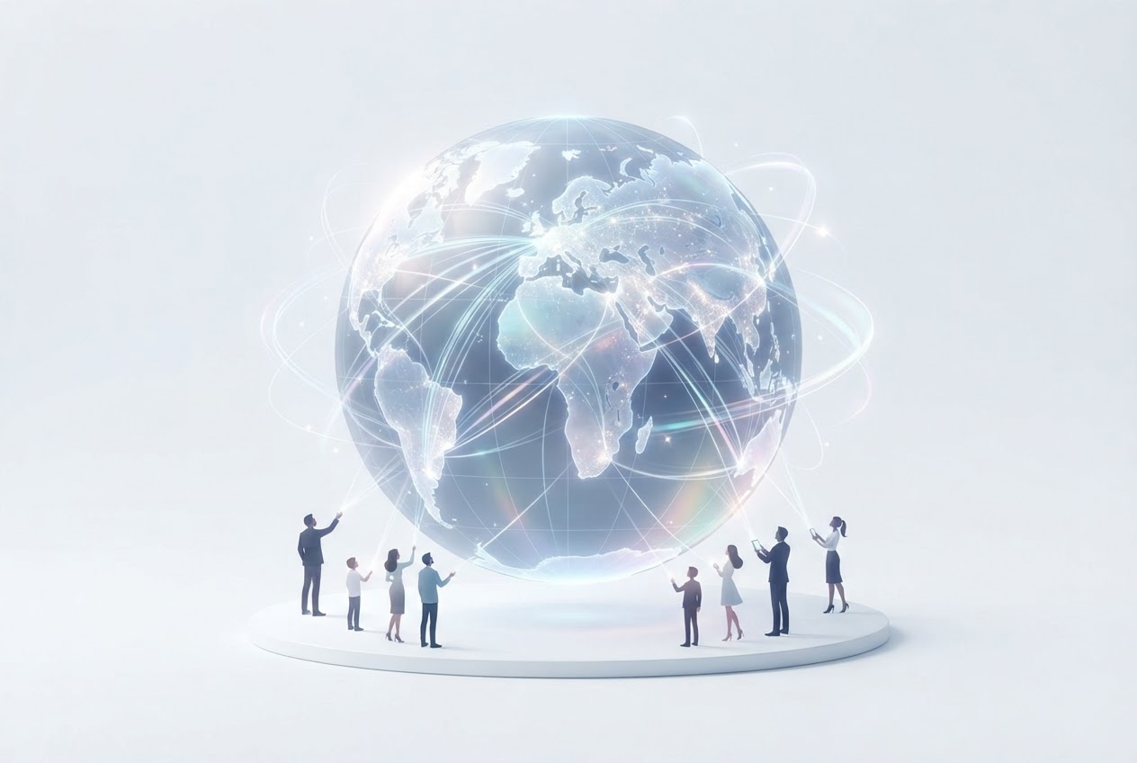 People around the world connecting through a glowing holographic globe of translucent glass