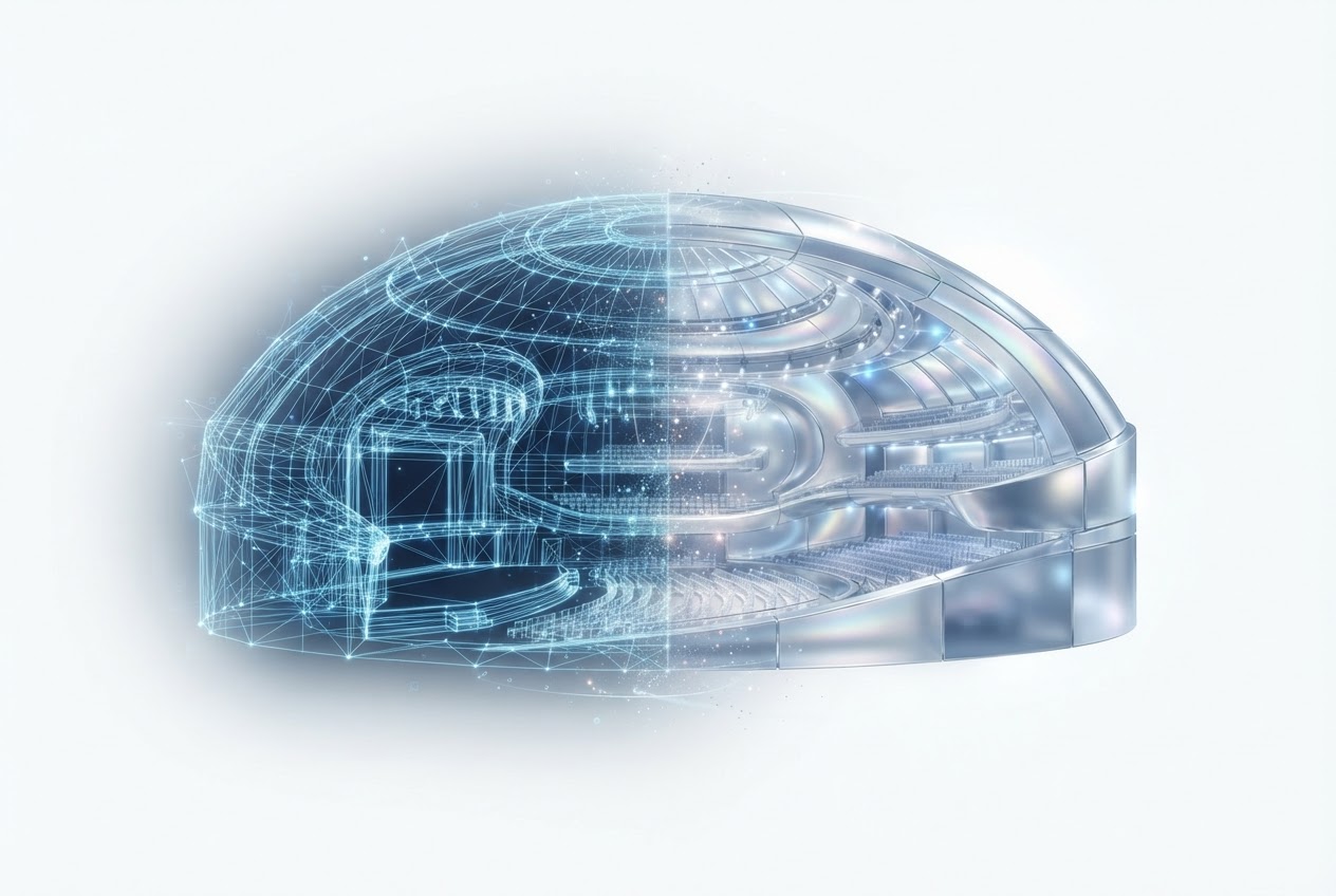 A futuristic spatial rendering engine visualization of wireframe 3D venue architecture transforming into a polished glassmorphic virtual hall