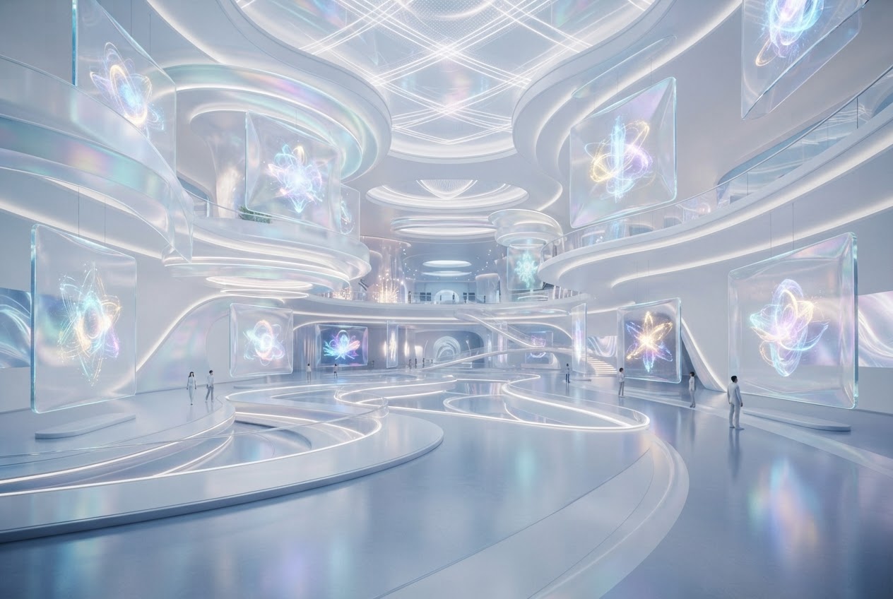 A luminous virtual exhibition hall with translucent glassmorphic panels and holographic art displays