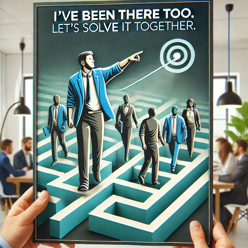 dall·e 2025-01-04 14.30.45 - a leader guiding a team through a maze, symbolizing breaking free from sales struggles. the design shows a modern, professional setting with the leade.webp