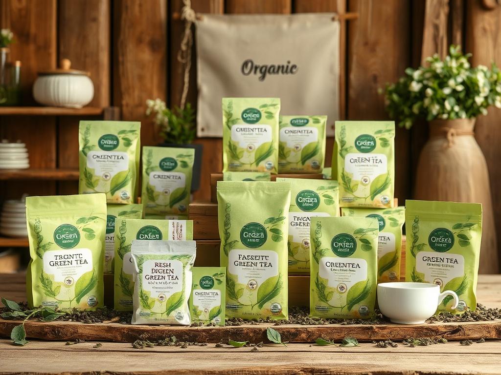 A high-resolution image of a beautifully arranged display of various packages of organic green tea. The setting should be rustic, featuring natural wooden textures and earthy tones that resonate with the essence of fresh organic tea. The focus should be on the tea packages, showcasing their vibrant colors and elegant designs, with a soft, warm light illuminating the scene.
