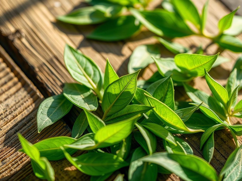 A high resolution of fresh green tea leaves, with a