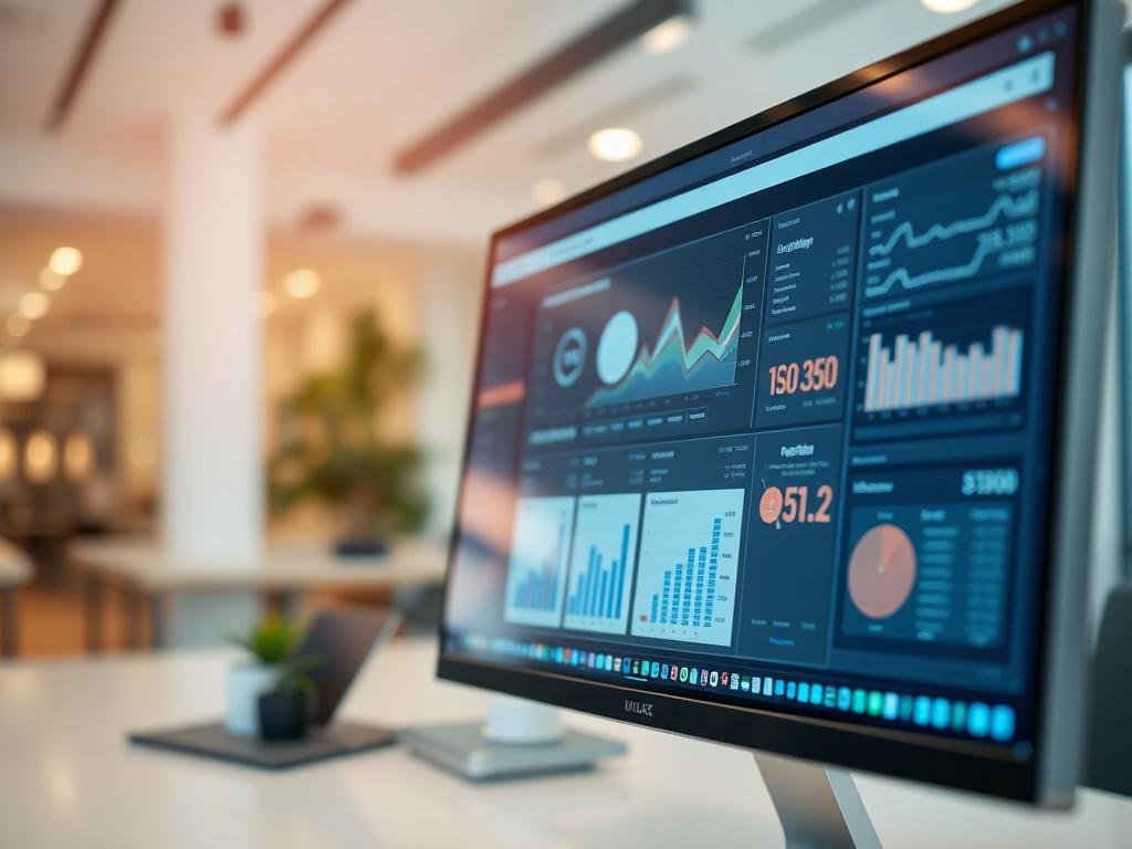 A hyper-realistic close-up shot of an advanced AI-based Accounts Payable automation interface displayed on a sleek computer screen in a modern office setting. The background features a clean, professional workspace with soft lighting, emphasizing the technology's sophistication. The focus is on the screen, showcasing graphs and analytics related to invoice processing, with a blurred effect on the surroundings to enhance depth.