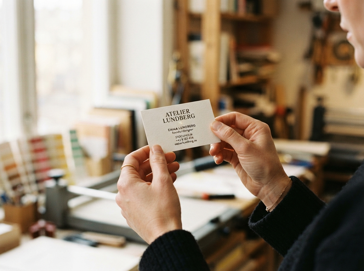 Hands holding a single Cardsmith business card up to soft window light, inspecting the typography and spot-gloss detail