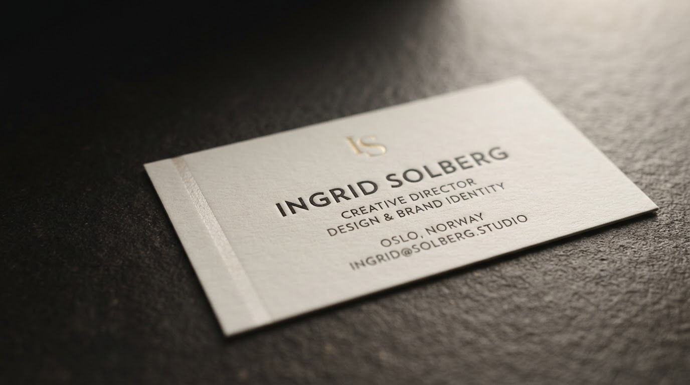 A finished Cardsmith business card resting on a textured dark stone surface, its paper edge in sharp focus and a subtle spot-gloss detail catching the light