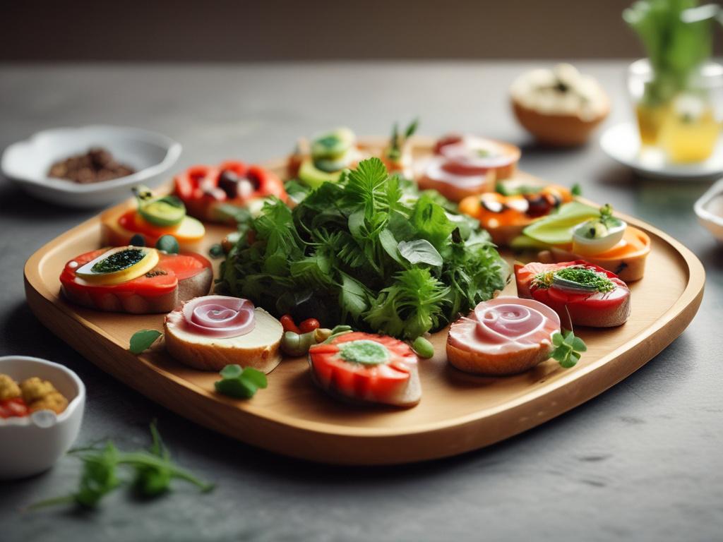 A beautifully arranged platter of gourmet appetizers, featuring a variety