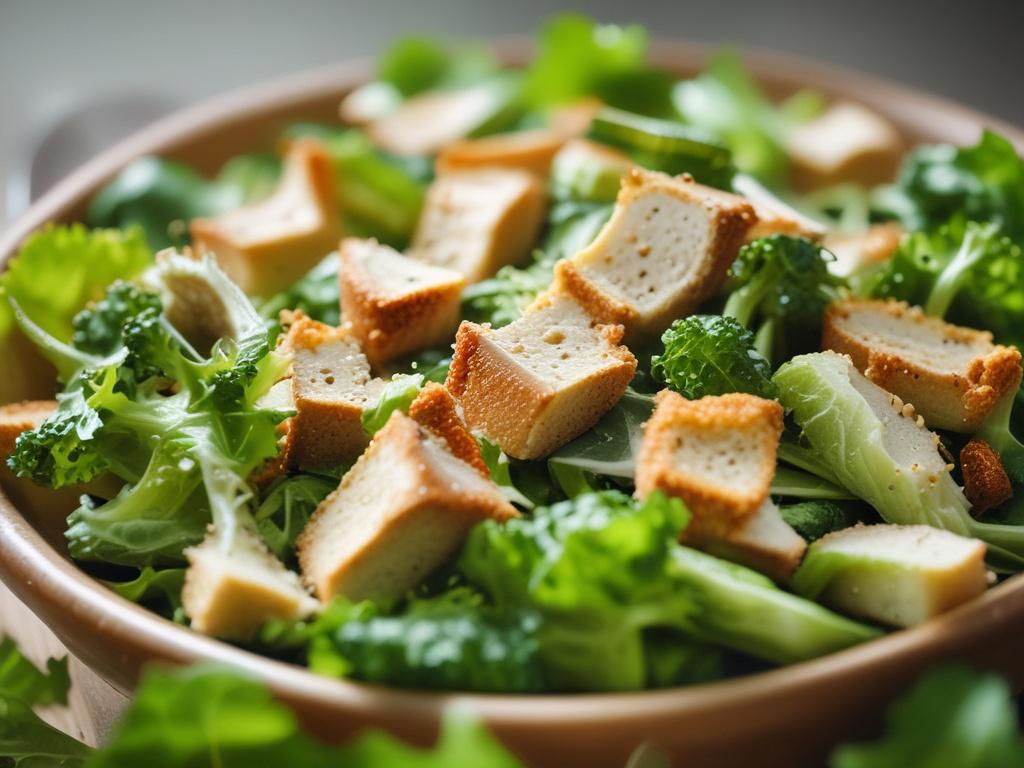 close up of Caesar salad with croutons and Parmesan, vibrant