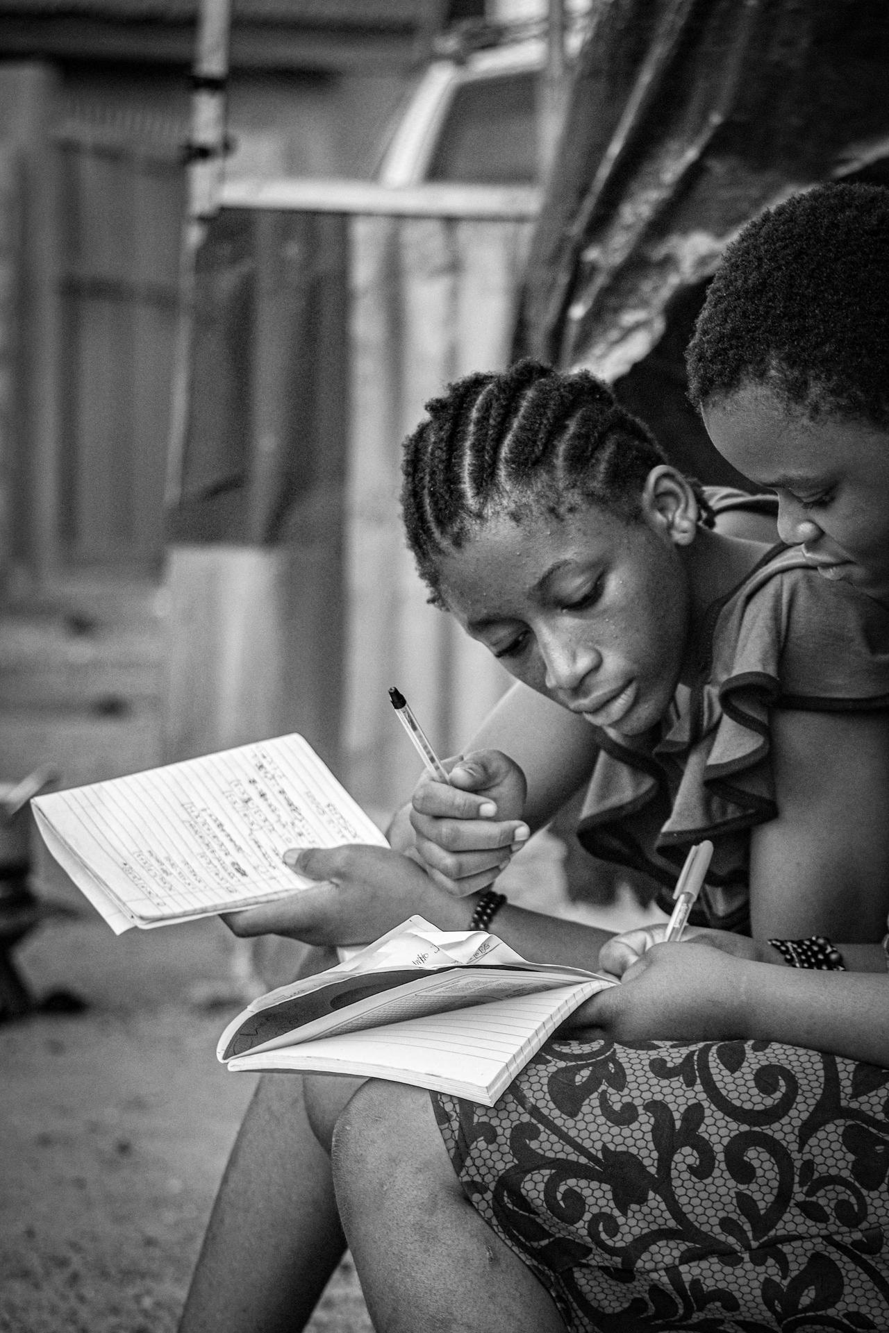 Two students engaged in studying outdoors, focus on learning and education.
