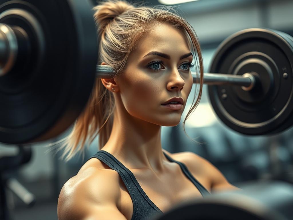 A strong woman lifting weights in a gym, showcasing determination and empowerment. The background should feature gym equipment in soft focus, emphasizing the woman as the main subject. The lighting should be bright and inviting, highlighting her focused expression as she lifts a heavy barbell. The image should capture the essence of strength training and personal empowerment, shot in hyper-realistic detail.