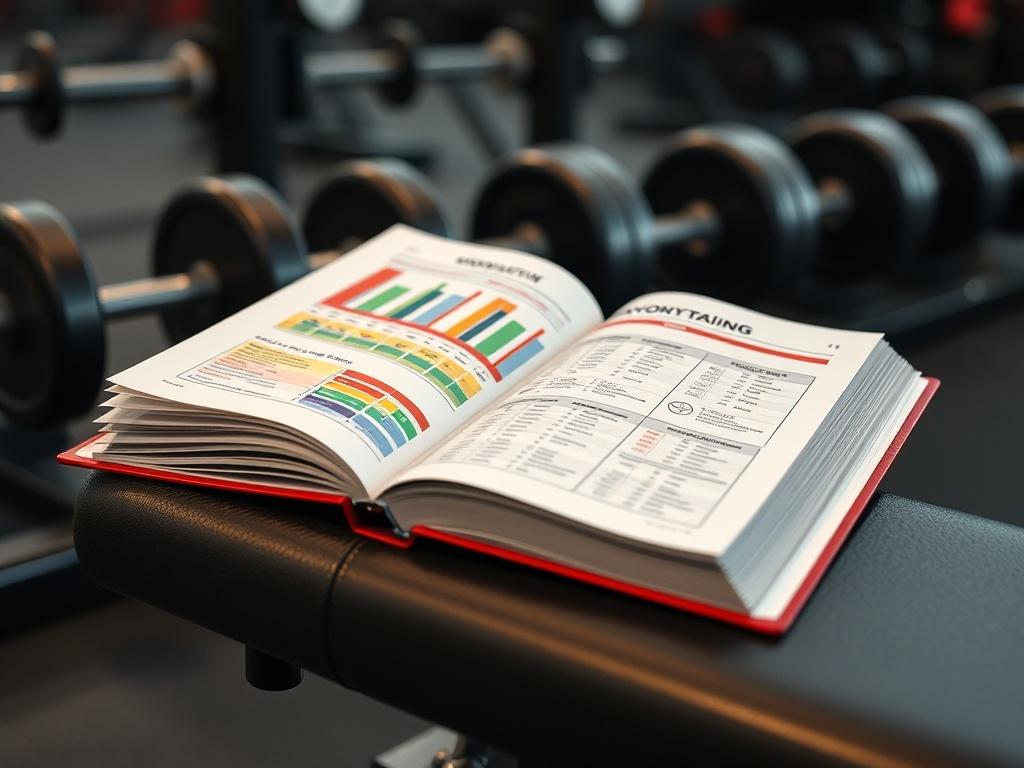 A high-resolution, hyper-realistic close-up of an open strength training workbook displaying colorful charts and workout routines, placed on a gym bench with weights in the background. The lighting should create an inviting atmosphere.