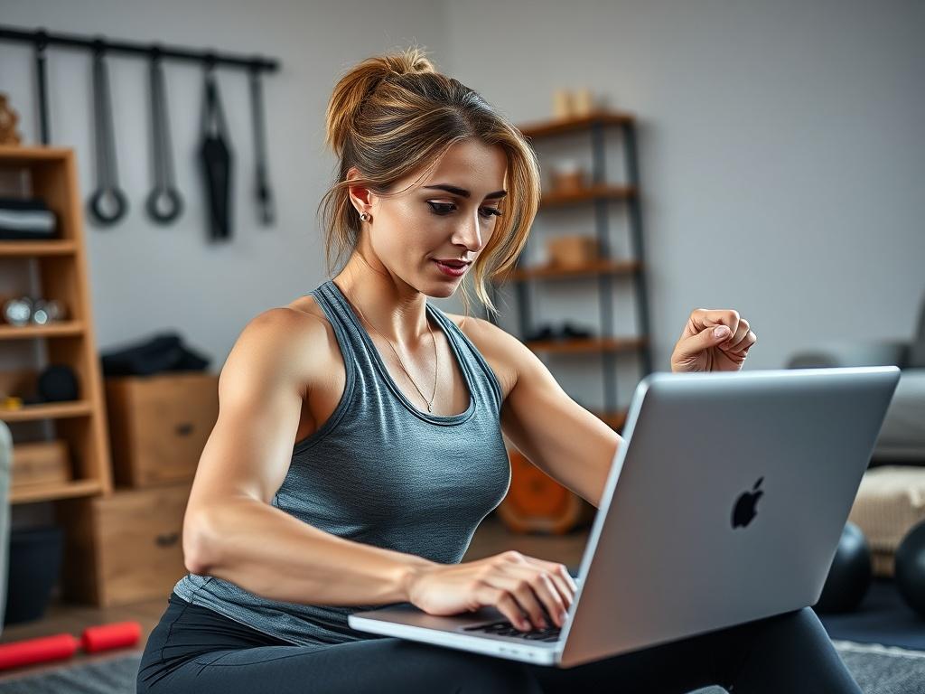 An image of a woman engaging in an online coaching session, using a laptop while performing strength training exercises at home. The background features a cozy workout space with weights and fitness accessories. The woman appears focused and engaged, demonstrating the convenience and accessibility of online coaching for women 35+. The composition highlights her form and the interaction with the online platform.