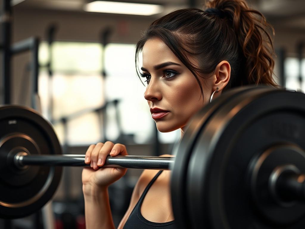 A close-up shot of a woman in a gym lifting a heavy barbell, showcasing her determination and strength. The background features gym equipment, with soft lighting to create an inspiring atmosphere. The woman appears focused and empowered, illustrating the essence of personal training for women 35+. The composition highlights her form and the weight being lifted, capturing a moment of triumph.
