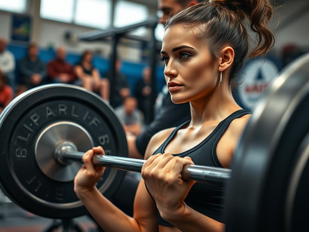 A dynamic shot of a woman preparing for a powerlifting competition, focusing on her lifting technique with a coach's guidance. The background shows a competitive lifting environment with weights and supportive spectators. The woman embodies strength and determination, showcasing the empowerment of women in powerlifting. The composition captures the intensity and excitement of the preparation process.