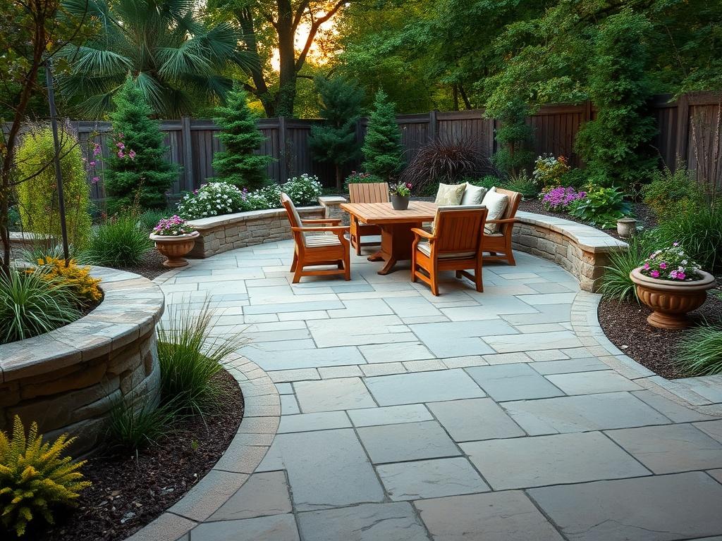 A high-resolution image of a beautifully designed outdoor patio featuring natural stone pavers, surrounded by lush greenery and decorative landscaping. The patio should have comfortable outdoor furniture like a wooden table and chairs, set against a serene backdrop of trees and flowers. The lighting should be warm and inviting, showcasing the textures of the stone and the vibrant colors of the plants, creating an atmosphere of relaxation and elegance.