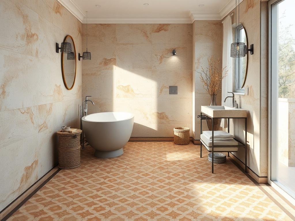 An elegant bathroom featuring beautifully installed tile flooring  The