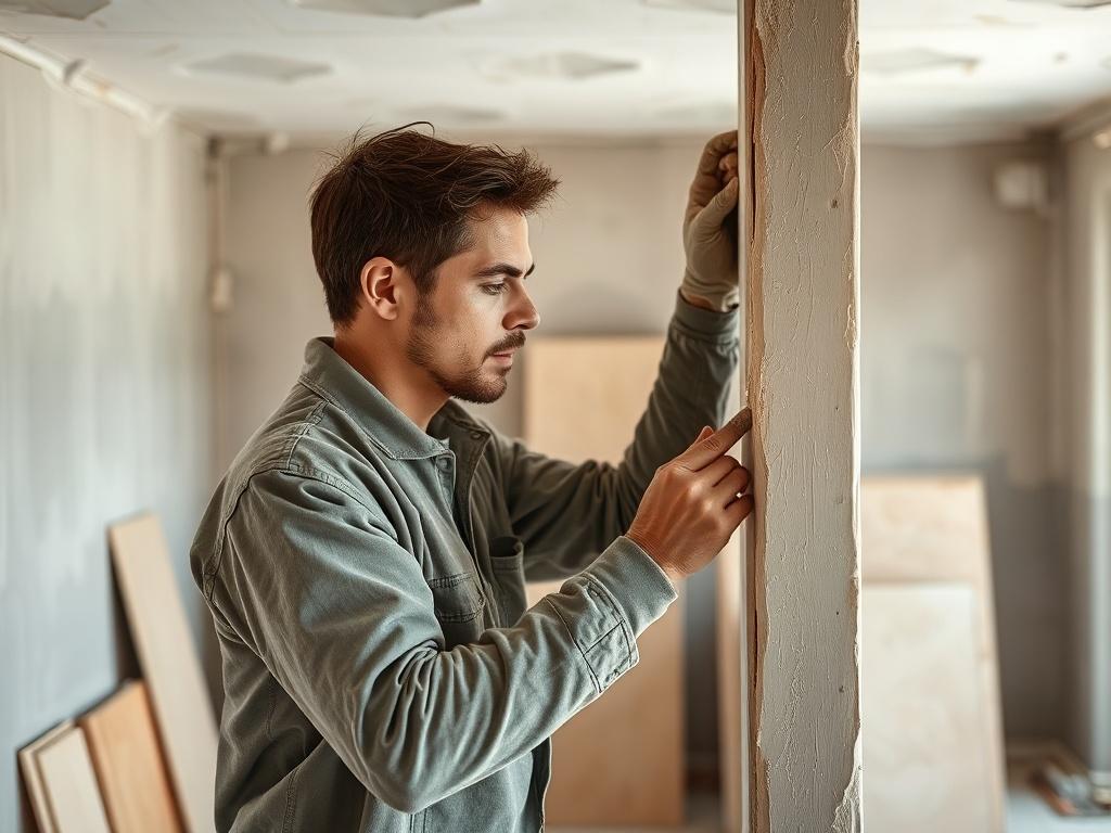 A professional in a construction site installing drywall  The