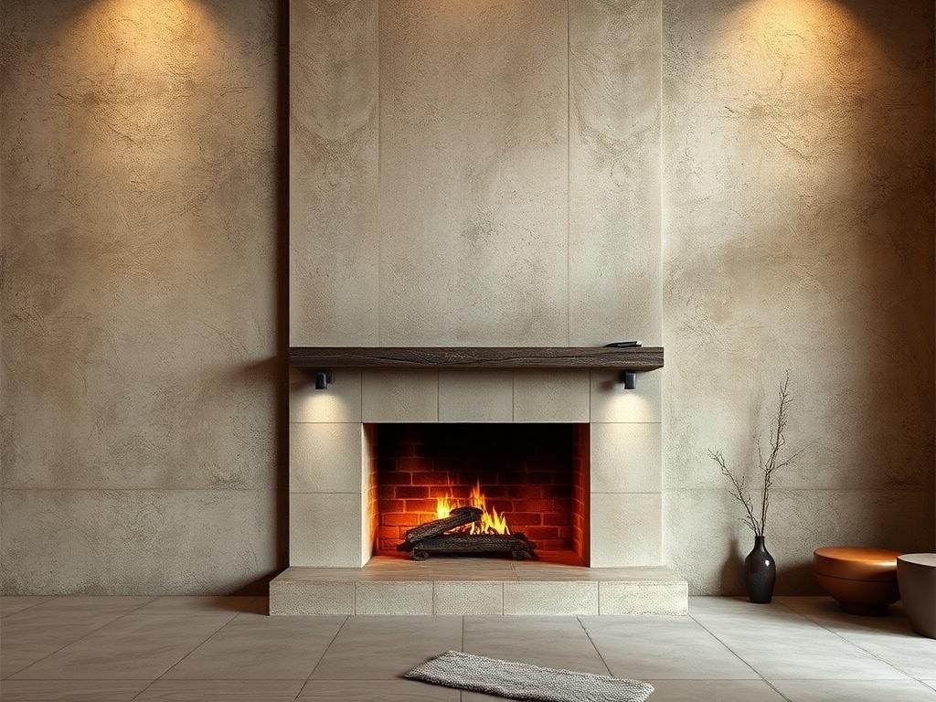 A beautifully finished interior wall featuring Venetian plaster, showcasing a rich texture with subtle color variations. The setting includes an elegant fireplace and a striking feature wall, with warm ambient lighting that highlights the depth and sophistication of the plaster. The background should be simple and rustic, complementing the earthy tones and creating a welcoming atmosphere.