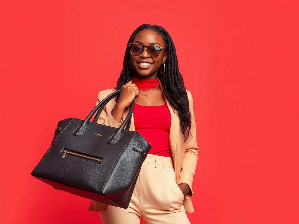 A stylish Nigerian celebrity posing with a high-quality handbag from Steph Classic Store. The background is a soft red hue to complement the handbag. The celebrity exudes confidence and fashion-forwardness, dressed in a chic outfit that enhances the handbag's appearance. The image captures a lively atmosphere, showcasing the handbag as a must-have accessory for modern women.