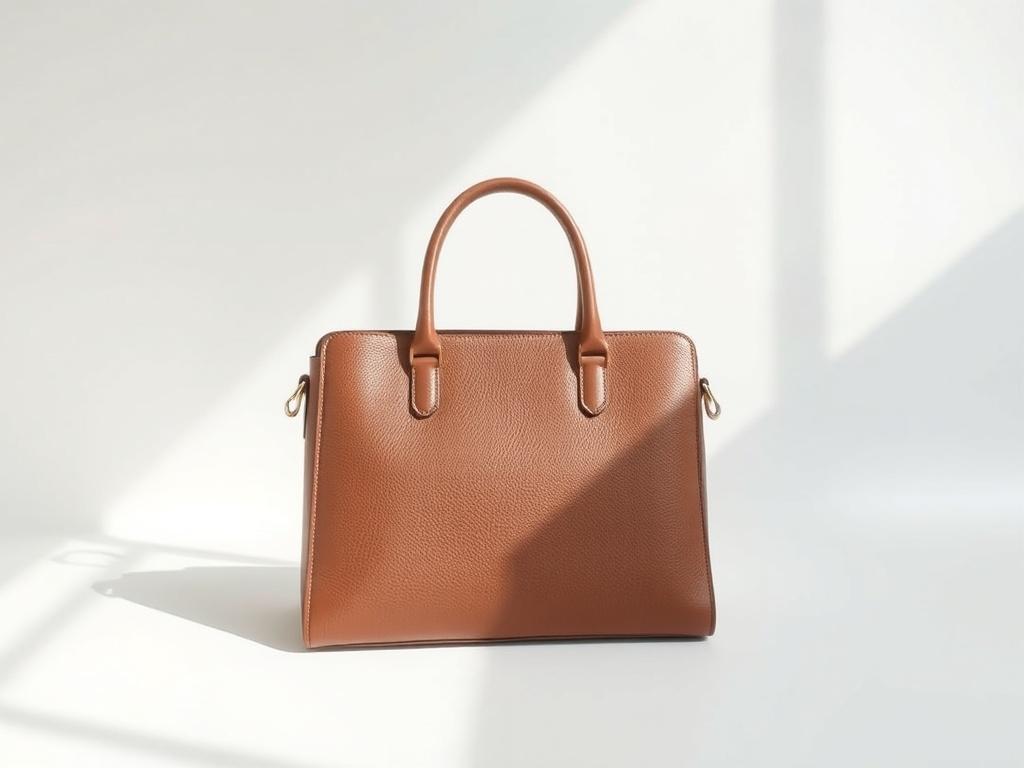 A luxurious handbag displayed elegantly on a minimalist white background. The handbag features rich leather texture, with gold accents and a sleek design. Soft natural lighting highlights the craftsmanship, creating an inviting and upscale feel. The focus should be on the handbag, with ample negative space around it to emphasize its elegance.