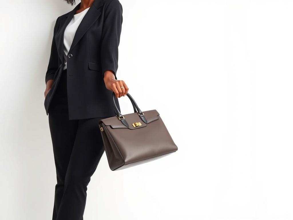 A realistic high-resolution photo of a stylish Nigerian woman holding a premium handbag, dressed in elegant clothing, standing against a minimalist white backdrop. The composition should focus on the handbag and the woman's confident pose, highlighting the luxury and sophistication of the product. Use clean lines and negative space to create an appealing and modern aesthetic.