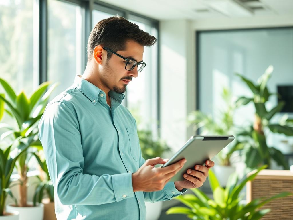 A modern office setting with a professional IT consultant analyzing a network diagram on a digital tablet. The background features green plants and bright natural light, creating a fresh and innovative atmosphere. The consultant is focused and engaged, showcasing the essence of technology and connectivity. The color palette should incorporate shades of green, particularly #1C6220, to convey reliability and growth.