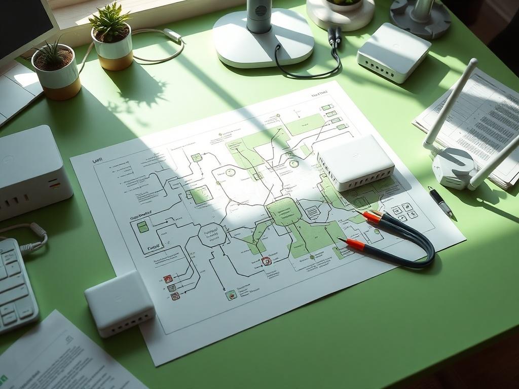 A close-up of a network design plan laid out on a desk, accompanied by Ubiquiti UniFi devices and tools. The workspace is well-organized, reflecting a clean and modern aesthetic. Bright natural light illuminates the scene, highlighting the innovative technology used in cost-effective network design.