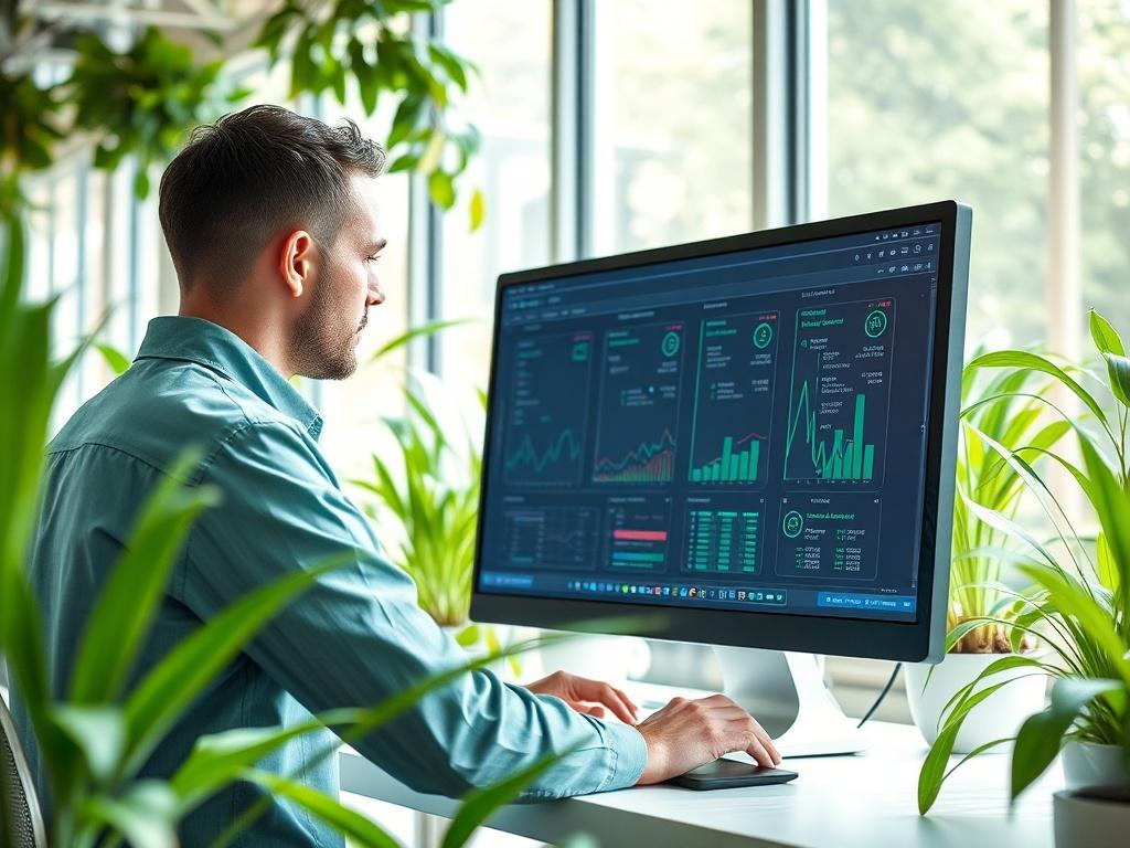 A modern office environment showcasing a network technician monitoring automated systems on a computer screen. The setting is bright and airy, filled with green plants to convey a clean and innovative feel. The technician is focused on the screen, which displays network analytics. Soft light filters through large windows, emphasizing a sense of reliability and advanced technology.