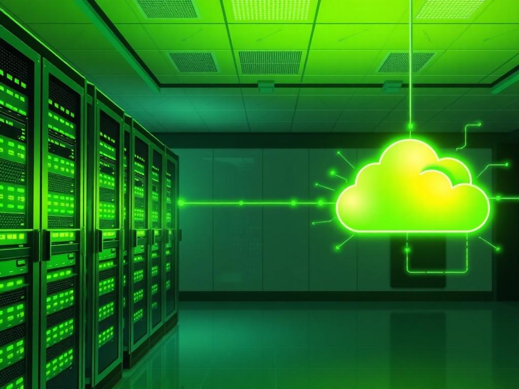 An illustration of a hybrid cloud setup with on-premises servers and cloud services seamlessly connected. The image should depict a modern data center with glowing servers on one side and a vibrant cloud interface on the other, showcasing data flow between them. The atmosphere is bright and clean, featuring green accents to highlight innovation and efficiency.