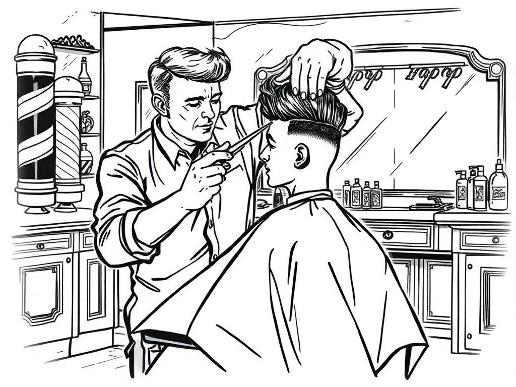 Prompt for AI Image Generator:

Create a high-quality illustration that embodies the title "The Art of the Haircut." The composition should feature a single subject: a skilled barber focused intently on giving a creative haircut to a client. The barber is depicted mid-action, with scissors in one hand and a comb in the other, showcasing expertise and precision. The client is seated in a barber chair, looking relaxed and satisfied, with a classic cape draped over them.

In the background, illustrate a stylis