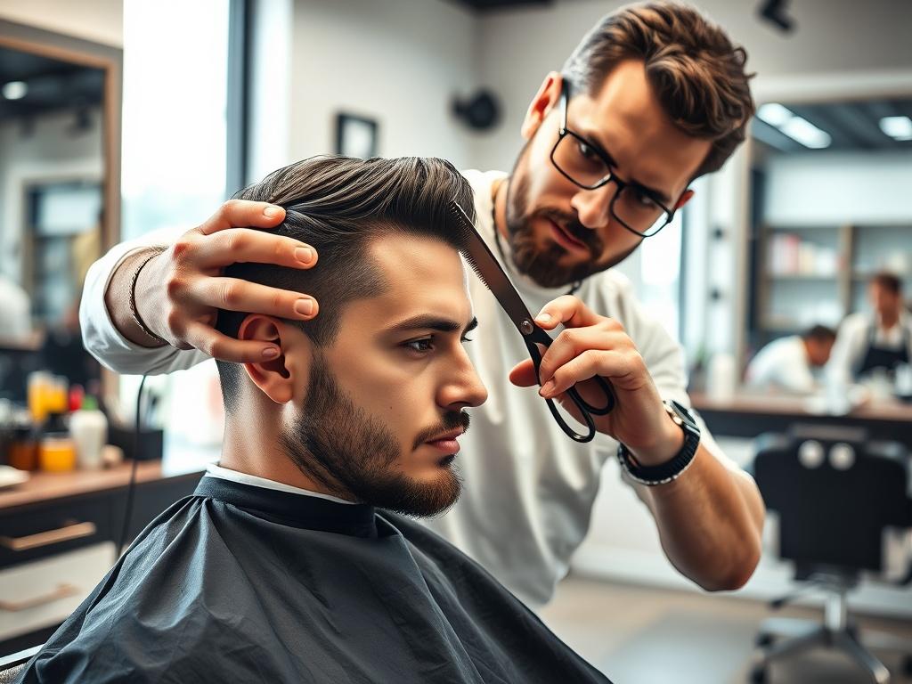 Create a realistic high-resolution photo of a skilled barber mid-action, expertly cutting a man's hair in a bright, modern barbershop setting. The barber should be focused, demonstrating precision with a pair of scissors in one hand and a comb in the other, showcasing the essential techniques for perfecting men's haircuts. The background should feature neatly arranged barber tools, a stylishly designed barber chair, and a large mirror reflecting the vibrant atmosphere without clutter. Use a soft, natural li