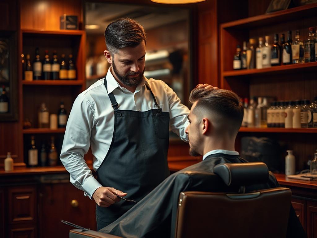 Create a realistic high-resolution photo that captures the essence of barbering mastery. The composition should focus on a skilled barber standing confidently in a well-lit barbershop. The barber, wearing a crisp black apron over a white shirt, should be performing a precise haircut on a client seated in a classic leather barber chair. Ensure the barber's concentration and expertise are evident, highlighting their attention to detail. 

In the background, include a vintage barbershop ambiance with polished wooden shelves displaying various barbering tools, such as scissors, combs, and bottles of grooming products. Soft, warm lighting should illuminate the scene, creating an inviting atmosphere. 

The image should avoid any text, abstract shapes, or multiple subjects, with an emphasis on the sole barber and their craft. This photograph should evoke a sense of professionalism and passion for the art of barbering, underscoring the essential skills needed to excel in this field.