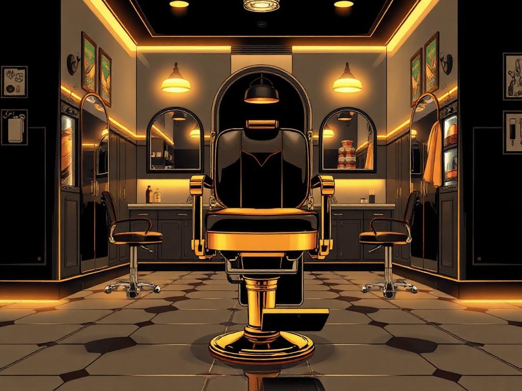 A vibrant and eye-catching illustration depicting a barber shop scene with neon black and gold accents. The focal point of the image should be a vintage barber chair, elegantly styled with sleek lines and intricate details, set against a backdrop of a stylish barber shop interior. The walls are adorned with black and gold decor, featuring mirrors and barber tools. Soft neon lighting casts a warm glow, creating an inviting atmosphere. The composition should be simple yet striking, emphasizing the barber chair as the central subject.