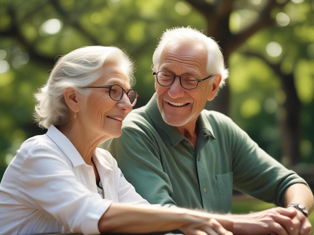 A serene close-up shot of a retired couple enjoying a sunny day at a park, discussing their retirement plans. They are sitting on a bench surrounded by greenery, with a light breeze creating a sense of tranquility. The focus is on their relaxed expressions, highlighting the peace of mind that comes from having a solid retirement plan.