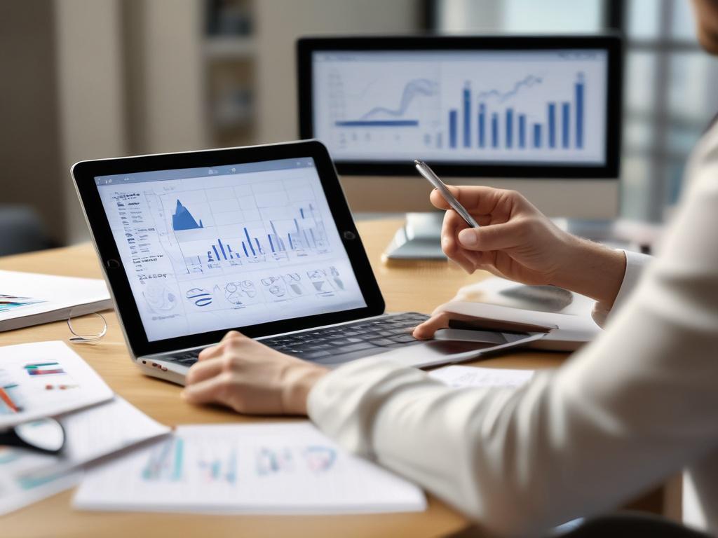 A striking close-up shot of a financial advisor presenting investment charts to a client in a contemporary office. The advisor is pointing at a graph displayed on a tablet, with a focused expression. The background is filled with modern decor and large windows letting in bright light, creating an energetic and professional environment.