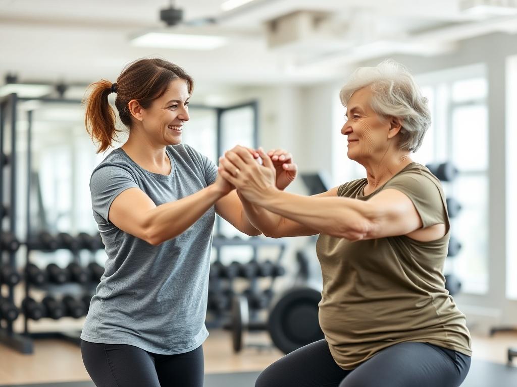 A middle-aged female personal trainer guiding an older female client in a strength training session. The trainer is demonstrating proper form for a squat, with a warm smile and encouraging posture. The gym background is bright and inviting, filled with weights and exercise equipment. Soft tones and gentle lighting create a peaceful and motivating atmosphere.