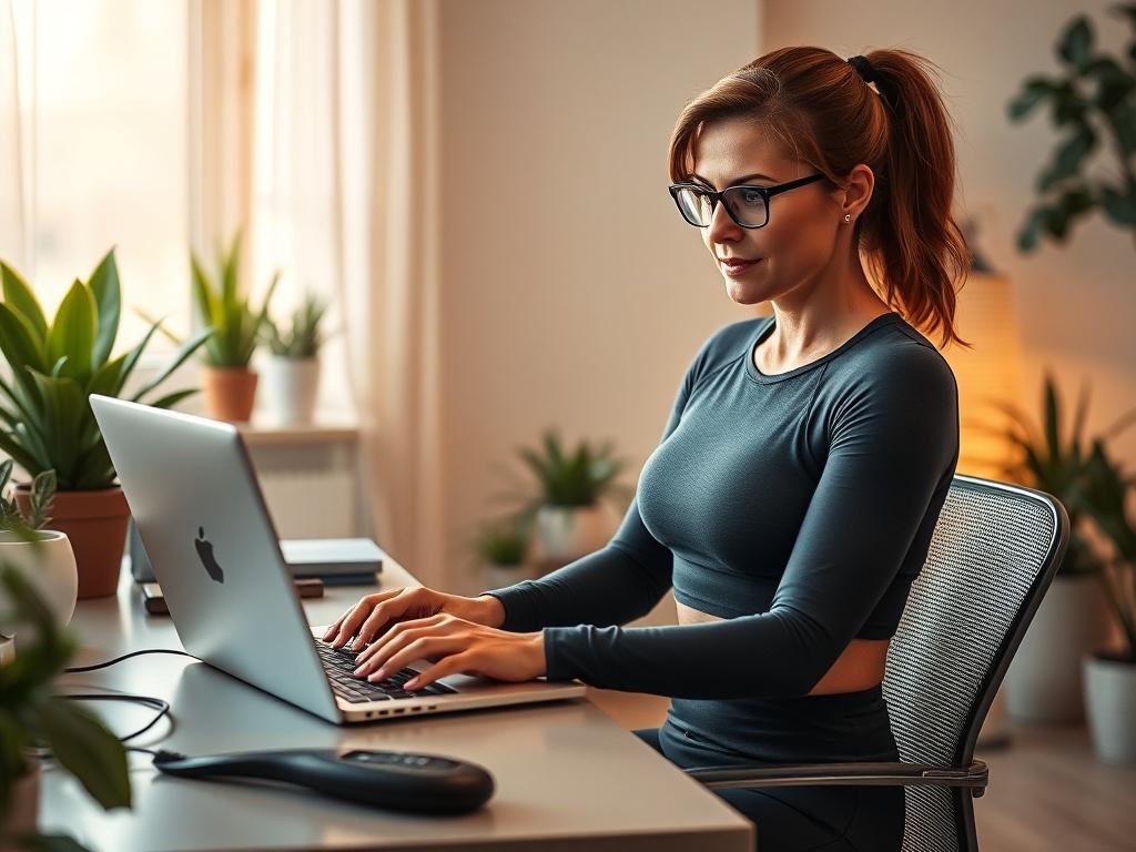 A 40-year-old woman dressed in stylish fitness gear, sitting at a modern desk in a cozy home office. She is intently typing on her laptop, with a look of focus and determination on her face. The background features soft, warm lighting and a peaceful atmosphere, with plants and fitness equipment subtly placed around the room. The overall color scheme incorporates soft tones, aligning with the rgb(162, 175, 127) color to create a calming and empowering environment.