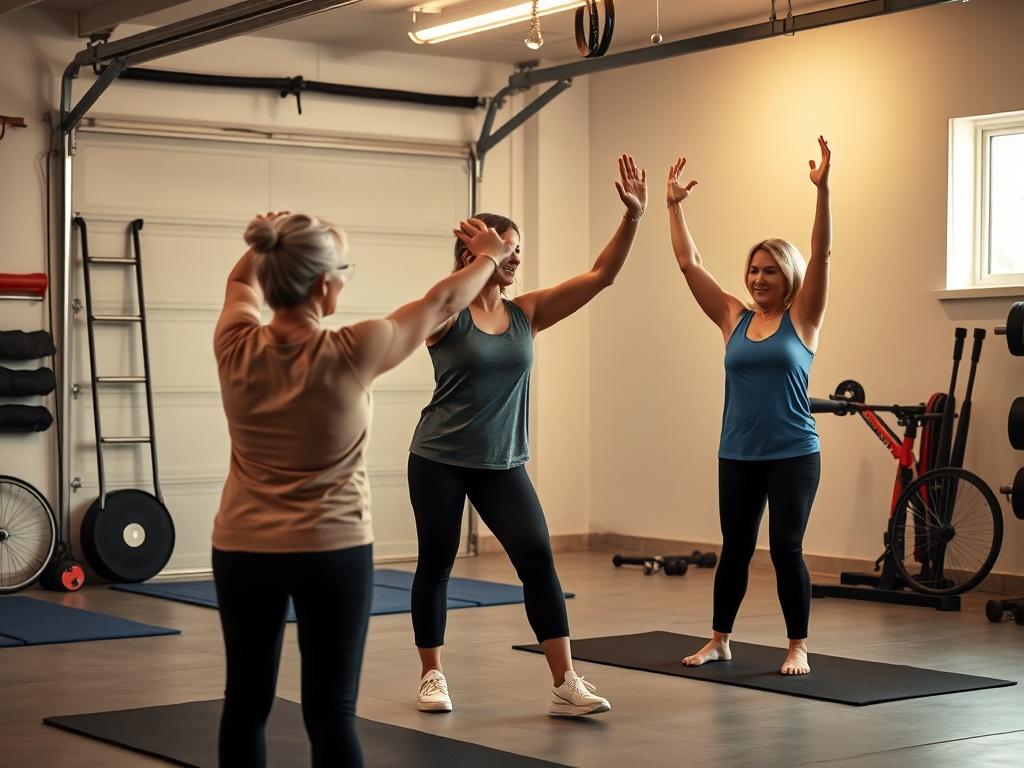 A 40-year-old female personal trainer demonstrating stretching exercises with two middle-aged women in a garage setting. The atmosphere is warm and inviting, with soft lighting illuminating the space. The garage has exercise mats on the floor and some fitness equipment in the background. The trainer is actively guiding the women through the stretches, showcasing engagement and support. The overall composition should convey a sense of community, empowerment, and health.