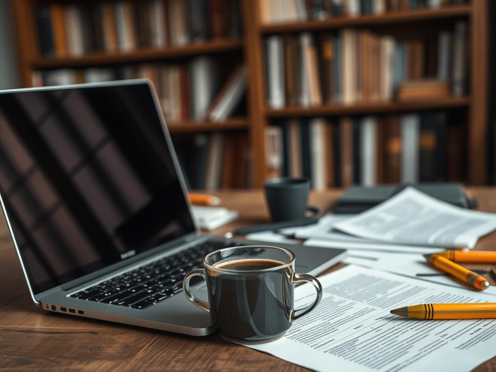 A close-up shot of a translator's workspace featuring a laptop, documents, and a cup of coffee. The scene highlights the meticulous nature of document translation, with notes and highlighters scattered around, and a focused atmosphere. The background shows a soft blur of a bookshelf filled with reference books, emphasizing professionalism and accuracy.