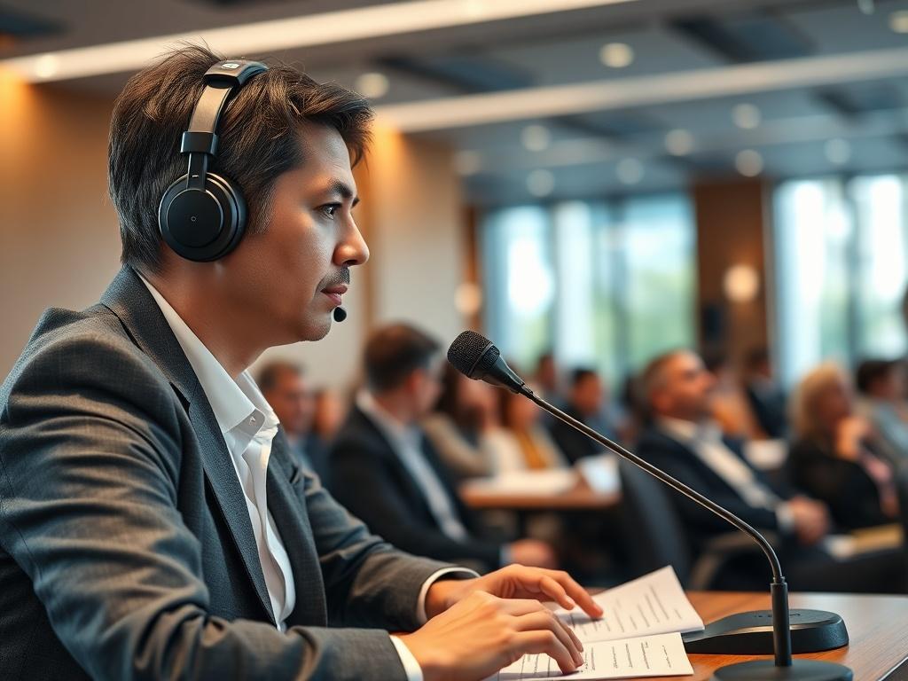 A professional interpreter with headphones translating at a conference. The setting features a well-lit conference room with an audience in the background listening attentively. The interpreter is focused, with a microphone in front and notes on the table. The image captures the essence of real-time communication, showcasing the professionalism and clarity of the interpretation process.
