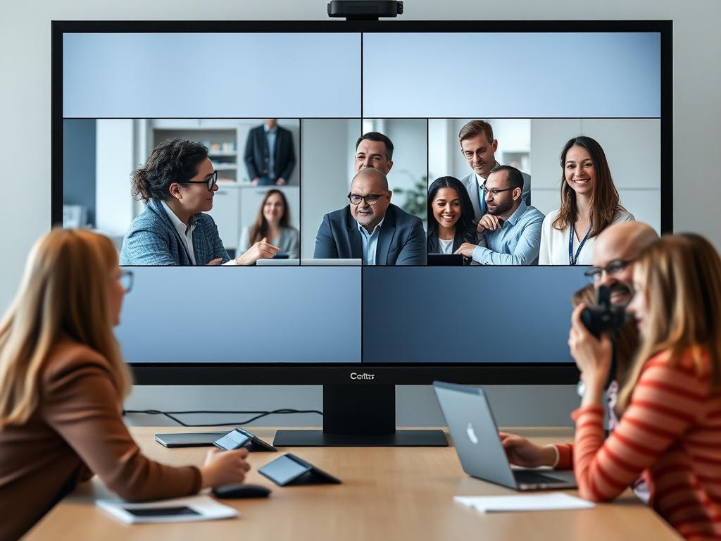A virtual meeting setup with a split-screen view showing an interpreter on one side and a diverse group of participants on the other. The image focuses on the interaction and engagement, highlighting the effectiveness of remote interpretation. Background includes digital devices and a subtle representation of the online environment, indicating a modern communication setup.