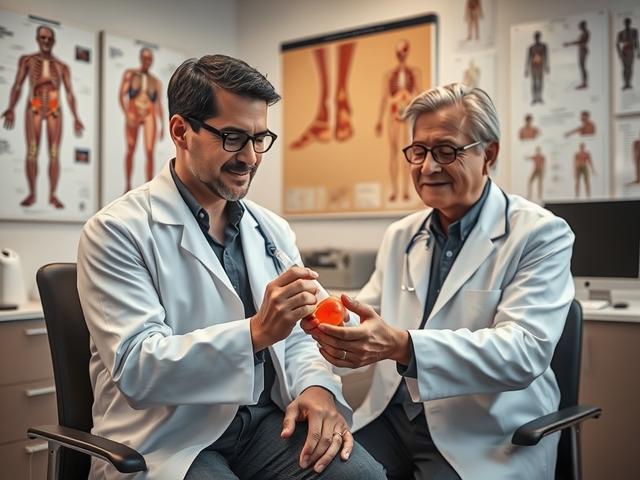 **Prompt for AI Image Generation:**

Create a realistic high-resolution photo of a single, focused subject: a doctor in a white lab coat, gently injecting a syringe filled with a clear, viscous solution into the knee joint of a patient seated in a modern, well-lit medical office. The patient should appear calm and relaxed, with an expression of trust and comfort. The doctor's hands should be steady and confident, showcasing professionalism and care.

The background should include medical elements such as an