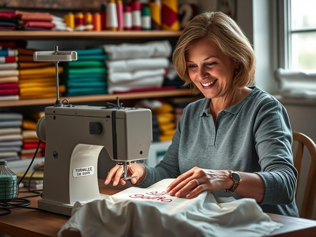 Create a realistic high-resolution photo that captures the essence of a local Wisconsin embroidery company. The composition should be simple and focused, featuring a skilled embroiderer sitting at a sewing machine, working intently on a beautifully embroidered piece of fabric. The embroiderer should be a middle-aged woman with a warm smile, showcasing care and expertise in her craft. 

In the background, include shelves filled with colorful spools of thread and neatly stacked fabric rolls, creating a cozy, 