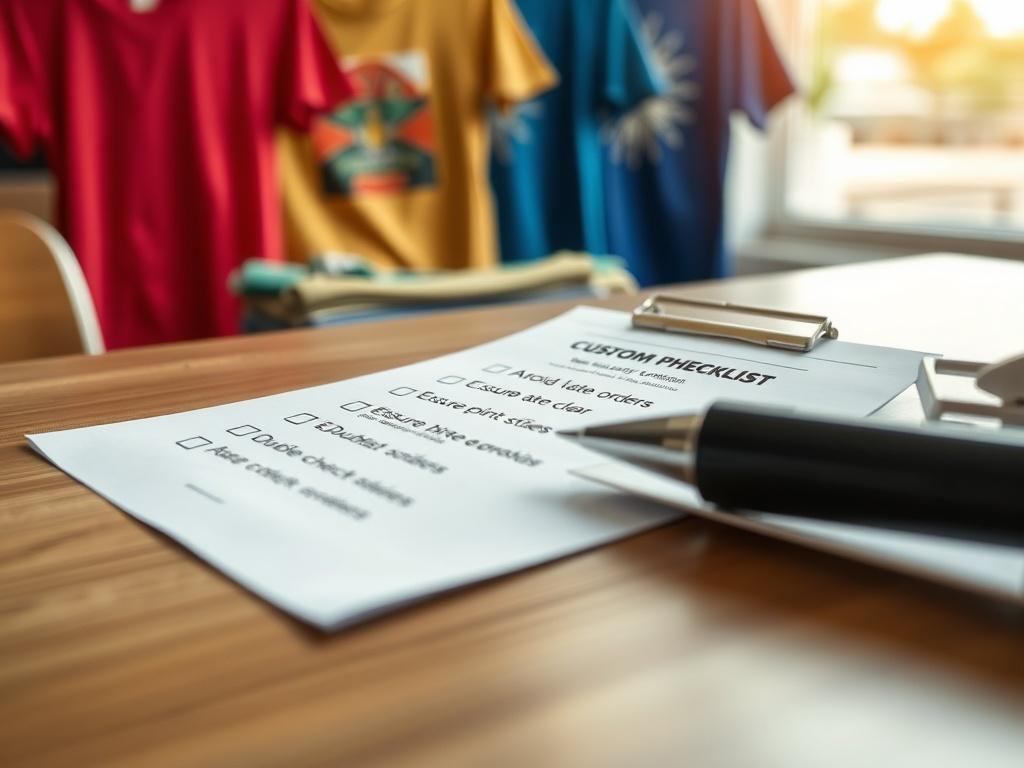 Create a realistic high-resolution photo that illustrates the concept of a "Custom T-Shirt Checklist." The composition should feature a single subject: a neatly arranged, well-designed checklist on a clean wooden table. The checklist should include key points like "Avoid late orders," "Ensure prints are clear," and "Double-check sizes," but without any text visible in the image. 

The checklist itself should be styled in a professional manner, possibly with checkboxes next to each point, hinting at the impo